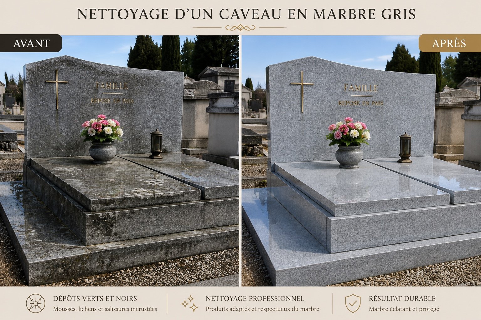 Nettoyage d'une stèle en marbre, avant et après